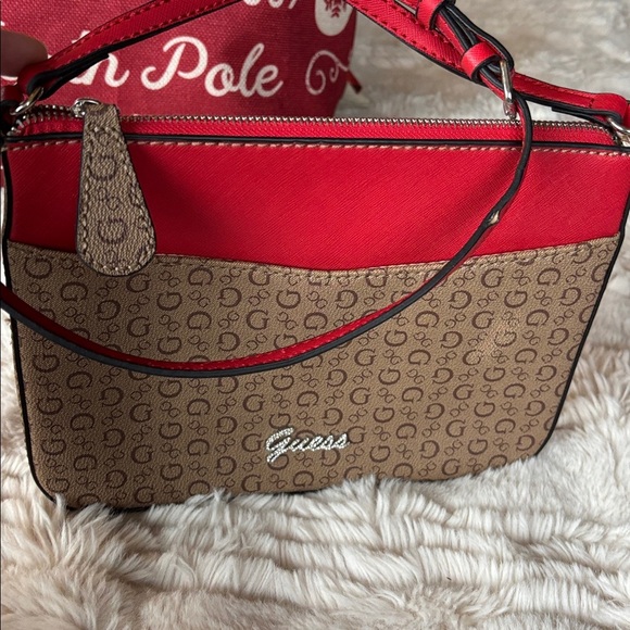 Guess Red and Tan pebbled Crossbody Bag silver jeweled logo purse - Picture 2 of 11